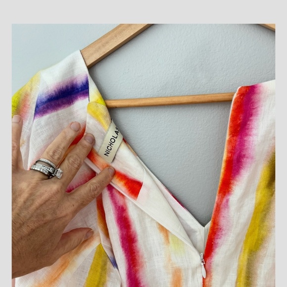Nicholas The Label Linen Dress Shaanti Mini Rainbow Vibrant Puff Sleeve Belted - Picture 3 of 16